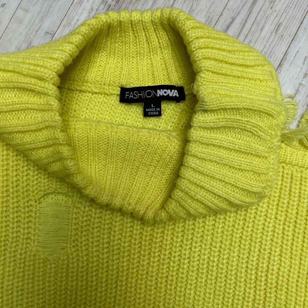 Fashion Nova Distressed Sweater Left Cold Shoulder Neon Yellow Size L